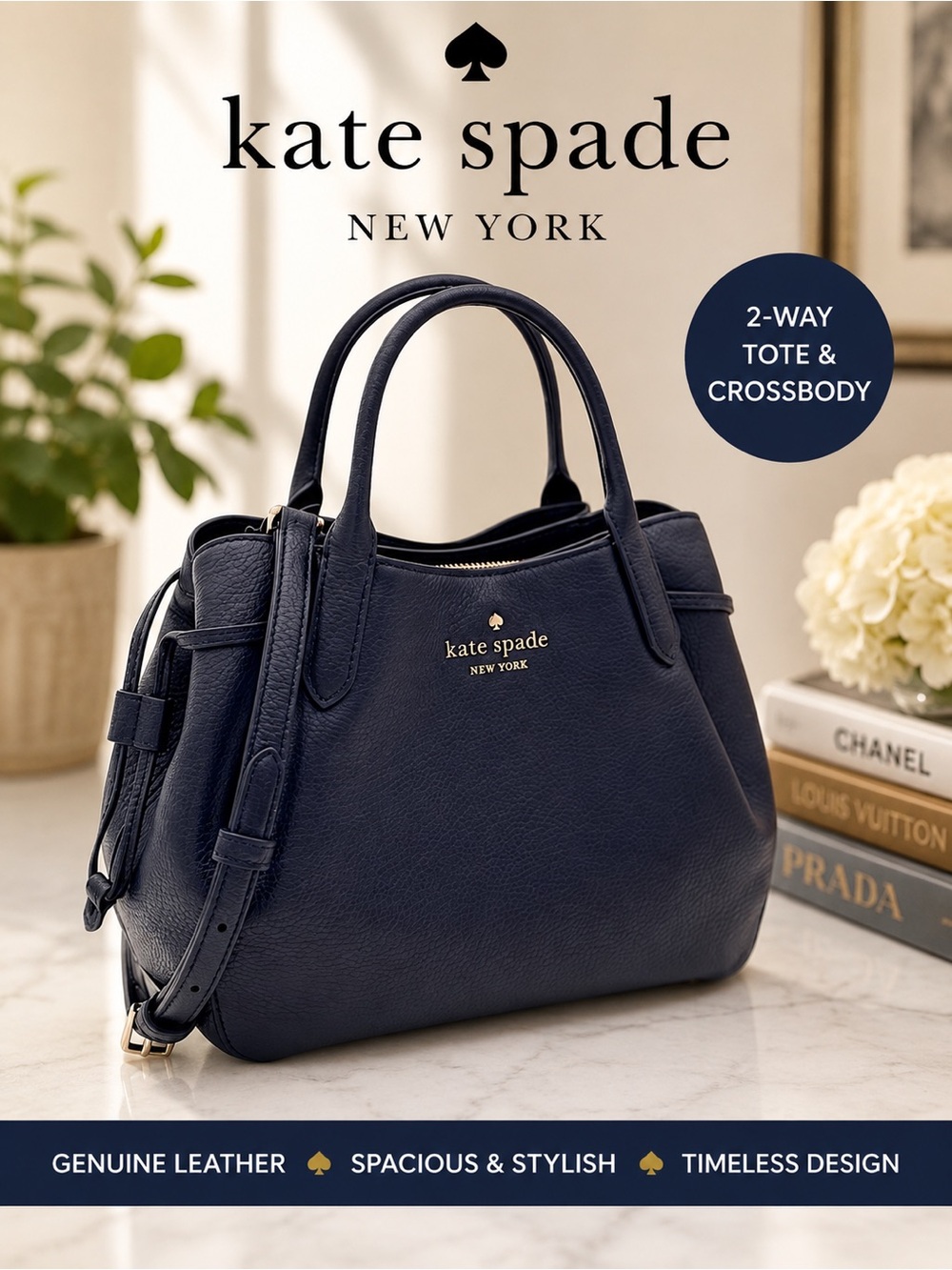 Kate Spade NY, Black Pebbled Leather Satchel | Crossbody Bag
| Gold Hardware